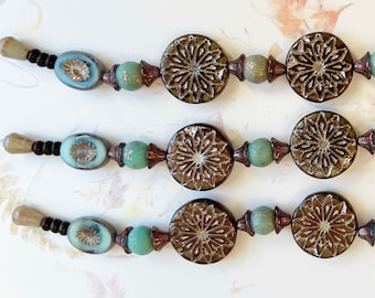 Bronze Sunburst Czech Glass Mix, 7 Inch Strand of Assorted Table Cut Czech Glass Beads in Turquoise and Bronze Tones