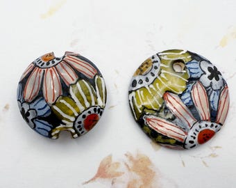 New! Blooms by Damyanah Studio, Lentil Shaped Bead, Small Round Pendant, Hand Painted and Hand Glazed Stoneware Pendant