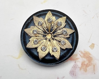 Nine Petal Button, 36mm, Navy with Gold and Cut Glass Stud Accents