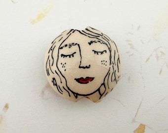 Curious Girl, Eyes Closed, Lentil Shaped Glazed Ceramic Bead, Hand Painted