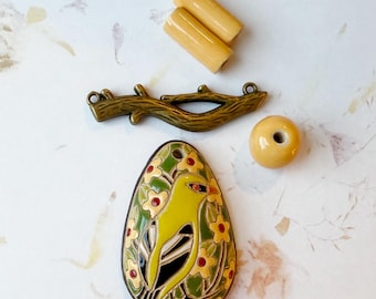 Stoneware Pendant with Yellow Bird, Decorative Design Elements, Domed Pendant, Bronze Branch Connector, Set of 5 Beads