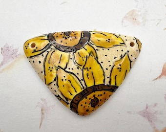 Sunny Sunflowers Pendant, Sheild Shaped Stoneware Pendant, Hand Crafted Artisan Beads by Damyanah Studio