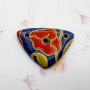 Red Poppy on Blue, Small Triangle Stoneware Pendant with Red Poppies, Two Hole Front Drilled Pendant, Blue Glaze Front and Back