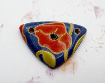 Red Poppy on Blue, Small Triangle Stoneware Pendant with Red Poppies, Two Hole Front Drilled Pendant, Blue Glaze Front and Back