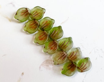 Peony Petal Beads 9x12mm, Transparent Matte Peridot with Copper Wash, Peony Petals