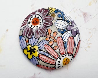 New! Blooms Pendant, Large Round Pendant, Hand Crafted Artisan Beads, Stoneware Pendants