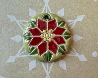 Hand Carved Stoneware Poinsettia Pendant, Glazed Ceramic Charm
