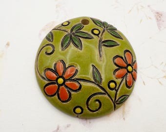 Vintage Textile Pattern Pendant, Round Domed Stoneware Pendant, Glazed On Both Sides, Golem Design Studio Beads