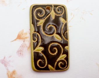 Arabesque on Dark Green Glaze, Stoneware Pendant, Rectangle Stoneware Arabesque Pendant, Dark Green Arabesque Rectangle Pendant