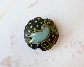 Song Bird on Black Clay, Small Lentil Beads, Pendant Beads, Golem Design Studio