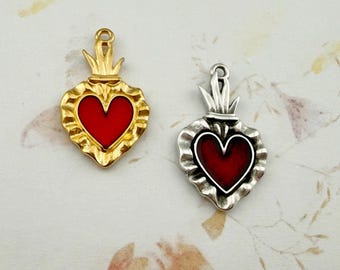 Sacred Heart Charm, Epoxy Red, Silver or Gold