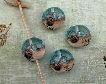 Artisan Ocean Wave Transparent Aqua Lampwork Bead with Barnacles and Sand