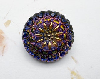 Crown Design, 27mm Round Button, Volcano with Gold Accents, Shank Button, Czech Glass Buttons