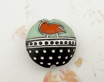 Mixed Technique Black Clay Lentil Bead with Red Chirping Bird