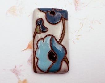 Blue Poppies on White Glaze, Terracotta Pendant, Rectangle Terracotta Poppy Pendant, Blue, Dark Teal and Teal Poppy Pendant