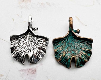 Boho Antique Bronze Patina or Antique Silver Ginkgo Leaf Charms, Small Pendant or Charm for DIY Jewelry
