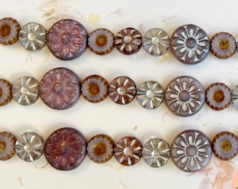 Lavender Garden Bead Strand Mix, 7 Inch Strand of Assorted Sizes, Table Cut Czech Glass Flower Beads in Lavender and Metallic Tones