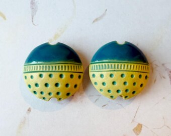 Hand Crafted Stoneware Lentil Beads, Stamped Ceramic Beads, Set of 2