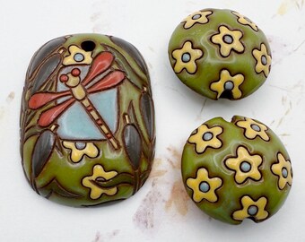 New! Set of Three, Dragonfly Domed Rectangle Pendant with Coordinating Lentil Shaped Beads, Terra Cotta Clay Beads