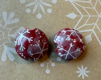 Hand-Painted Snowflakes on Red Glazed Stoneware, Small Lentil Shaped Beads