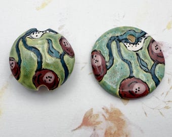 Handmade Stoneware Bead: Cherries on Green Lentil Pendant