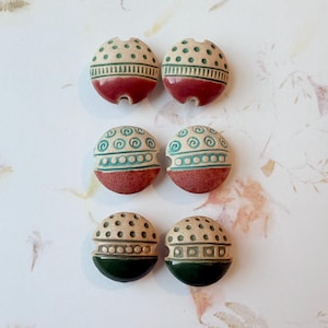 Set of 2, Handcrafted Stoneware Lentil Beads, Swirls Circles Dots, Mixed Technique