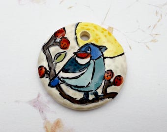 Blue Bird by Damyanah Studio, Small Pendant, Hand Painted and Hand Glazed Stoneware Pendant