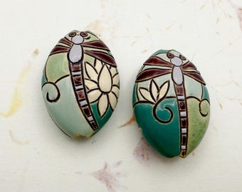 Hand Carved Dragonfly Lotus Ceramic Pendant Bead, Golem Design