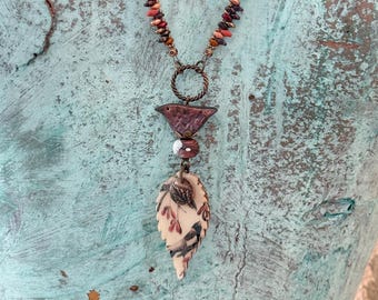 Polymer Clay Bird Necklace, Mixed Media Leaf Pendant, 26 Inch