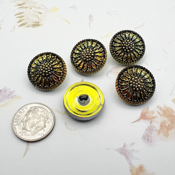 18mm Sunflower Czech Glass Button: Antiqued Golden Yellow, Shank