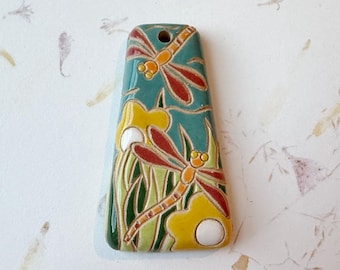 NEW!  Dragonflies on Stoneware Pendant, 52mm Long x 28mm Wide, Hand Carved, Stamped and Glazed