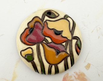 Poppies on Terra Cotta, Focal Bead, Large Round Pendant