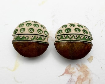 Hand Stamped Stoneware Lentil Beads: Artisan Glazed Ceramic Set of 2