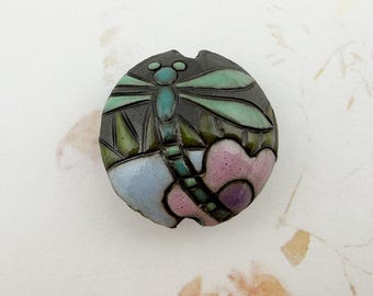 Dragonfly with Flowers and Grasses, Handcrafted Ceramic Lentil Shaped Bead (23mm)