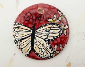 Monarch Butterfly Pendant, Large Round Pendant, Hand Crafted Artisan Beads, Stoneware Pendants