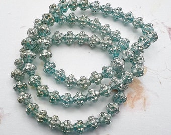 Vintage Saturn 6mm Beads, Aqua Green Transparent Mix With Silver Wash, Czech Glass Pressed Beads, Saturn Beads, 6x5mm, 25 Beads Per Strand