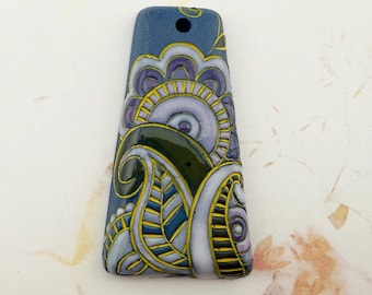 Hand Carved and Stamped Trapezoid Stoneware Pendant, Glazed and Pigment Rubbed