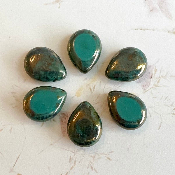 Polished Drops, Persian Turquoise Bronze Picasso, 16x12mm Drops, Set of 6 Beads