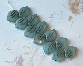 Peony Petal Beads 9x12mm, Opaque Carolina Blue with Gold Wash Peony Beads, Czech Glass Beads