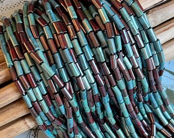 9x4mm Aged Picasso Czech Tube Beads, Wampum Miracle Picasso Mix Tube Beads, Tribal Beads, Bugle Beads