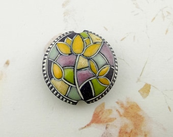 Stained Glass Magnolia Flower Design, Lentil Shaped Bead, Large Hole, Purple Stoneware