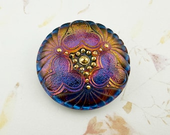 36mm, Czech Glass Button, Triple Clover Design, Shank Style, Blue/Purple Iridescent