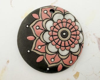Pink Paisley Flower Pendant, Black Clay With Taupe And White Glaze