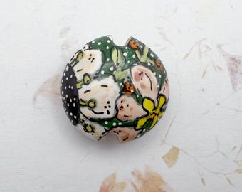 Forest Fairytale Lentil Shaped Stoneware Bead, Hand Crafted Artisan Beads, Damyanah Studio