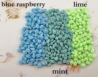 Czech SuperDuo® Bondeli Colors, Set of 3, Matte Blue Raspberry, Mint and Lime, 2-Hole