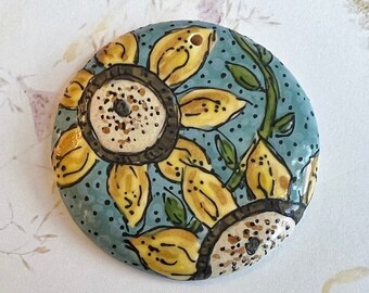 Hand-Painted Stoneware Pendant, Sunflowers on Blue, Large Artisan Bead
