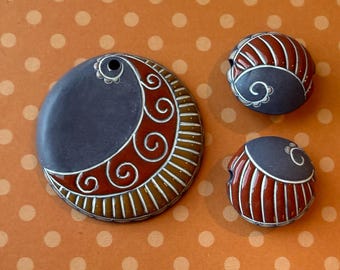 Hand Carved Stoneware Pendant Beads, Purple Paisley, Artisan Glazed Set