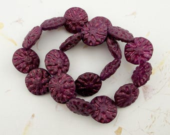 Dahlia Flowers, 14mm, Purple Pansy, Etched Finish, Metallic Pink Wash, (10)