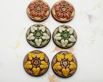 New! Hand Crafted Acanthus Stamp Beads in a Majolica Style, Set of Two Beads, Mixed Technique Stoneware Beads, Select by Number