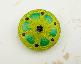27mm Czech Glass Button, Wheel Design, Peridot with Color Mix, Shank